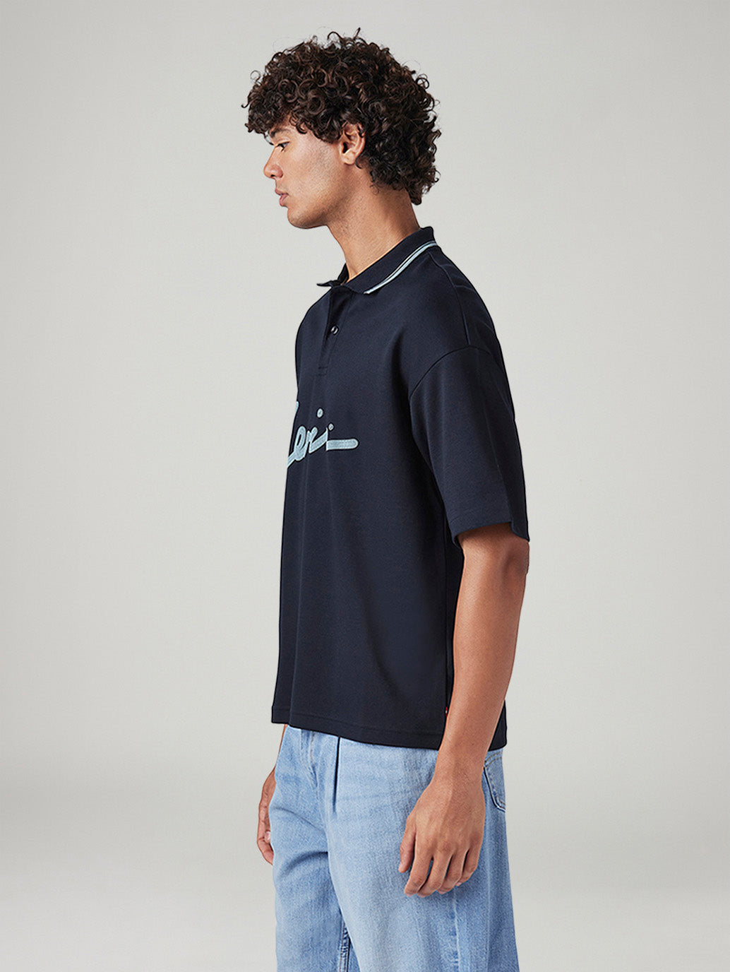 Men's Brand Logo Loose Fit Polo T-shirt - Side View