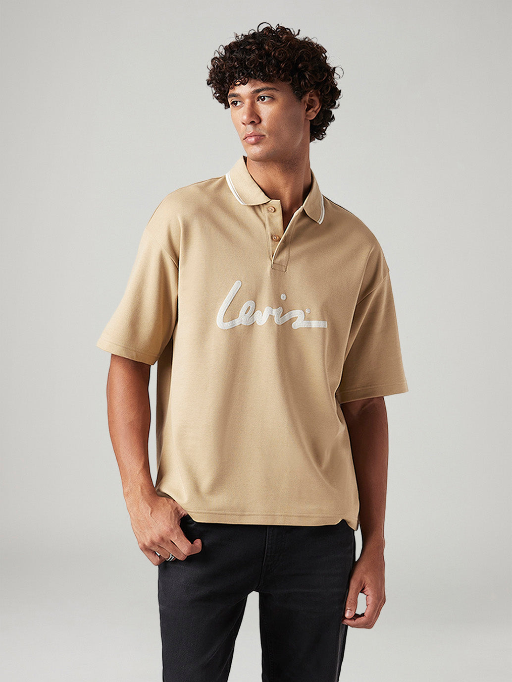Men's Brand Logo Loose Fit Polo T-shirt