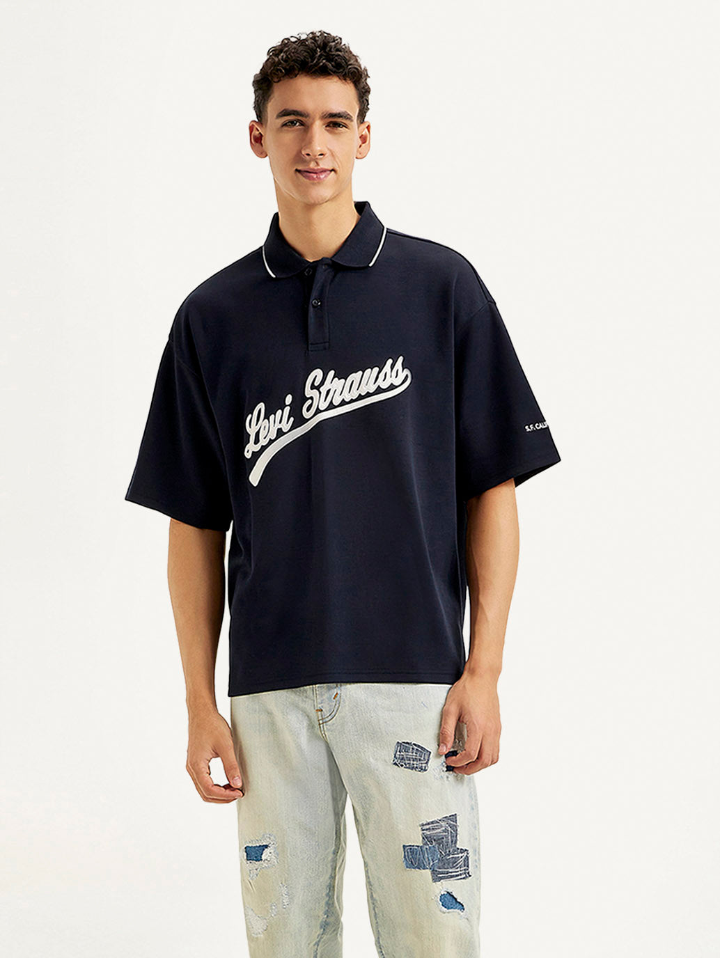 Men's Brand Logo Loose Fit Polo T-shirt - Front View
