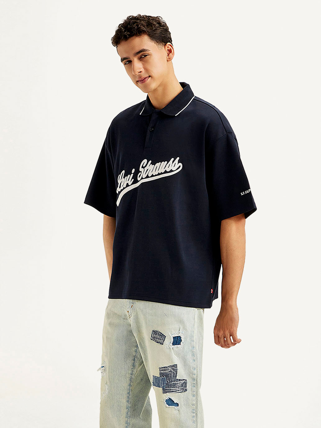 Men's Brand Logo Loose Fit Polo T-shirt - Side View