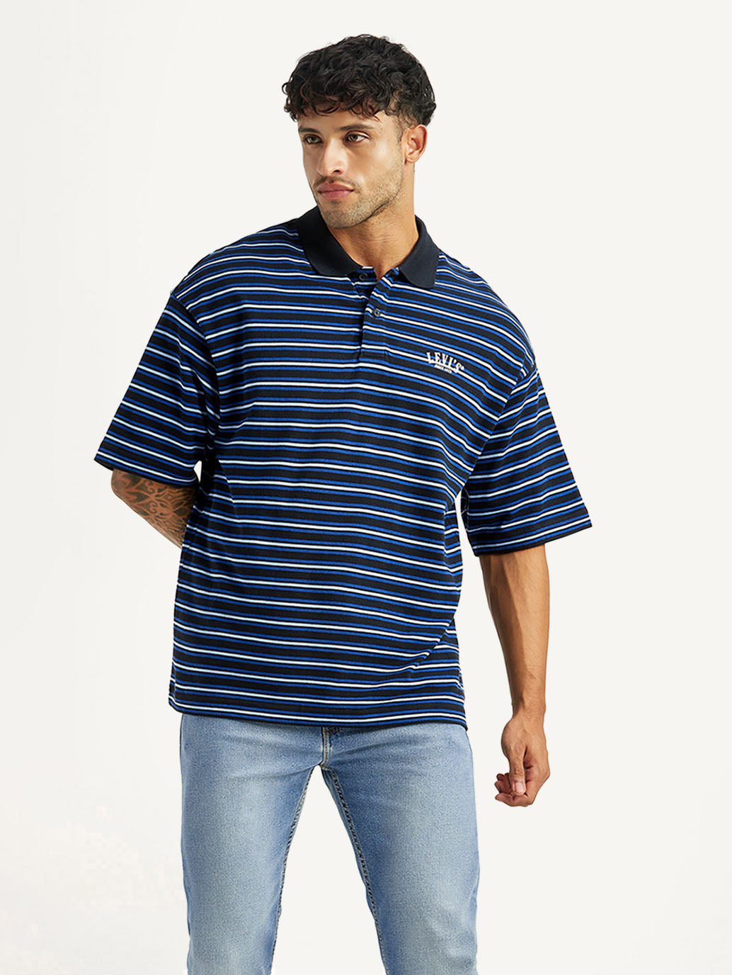 Men's Striped Blue Loose Fit Polo T-shirt - Styleshot View