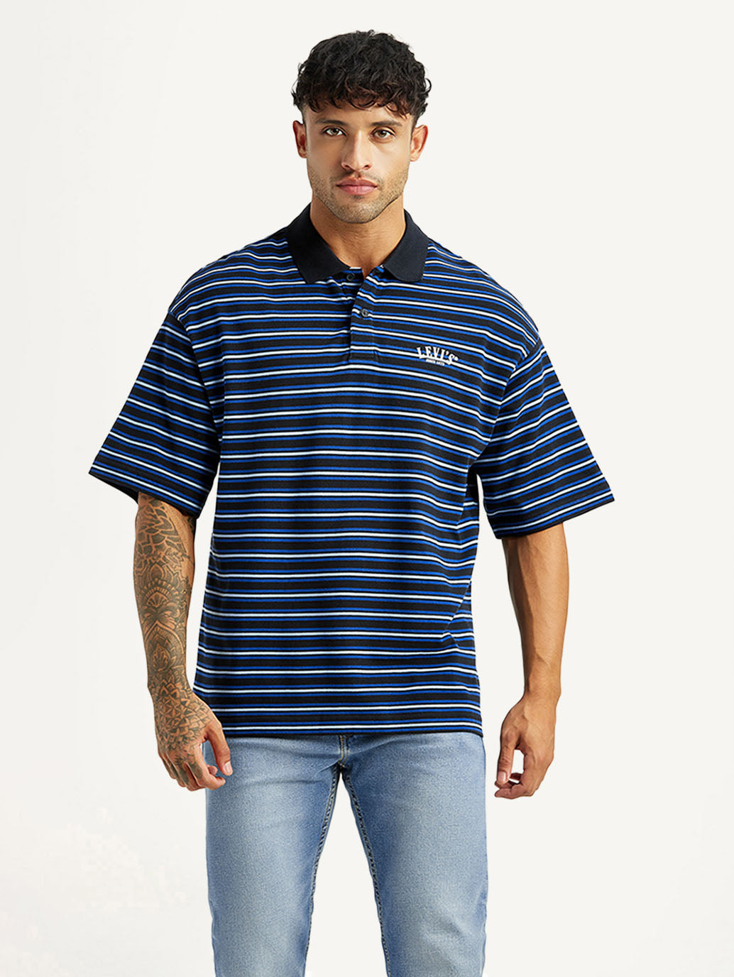 Men's Striped Blue Loose Fit Polo T-shirt - Front View
