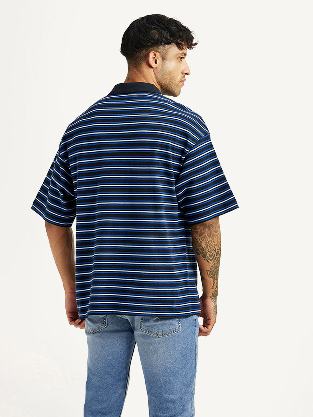 Men's Striped Blue Loose Fit Polo T-shirt - Back View