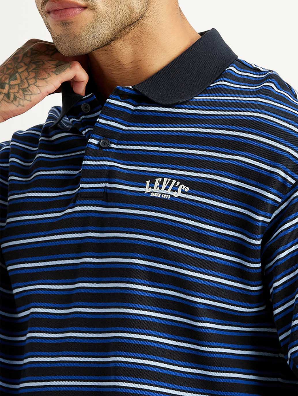 Men's Striped Blue Loose Fit Polo T-shirt - Detail View