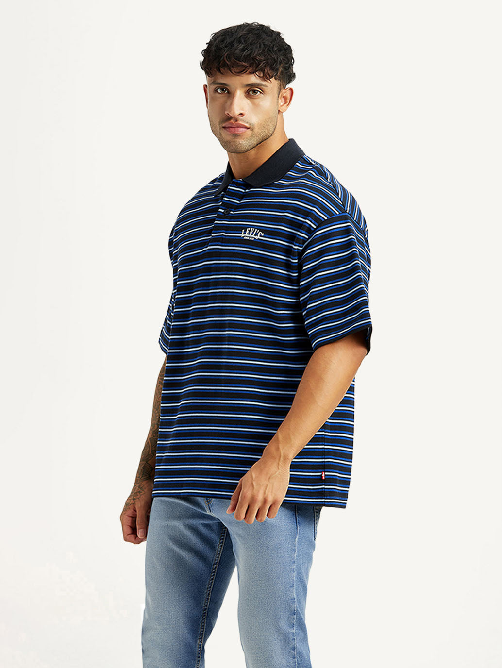 Men's Striped Blue Loose Fit Polo T-shirt - Side View