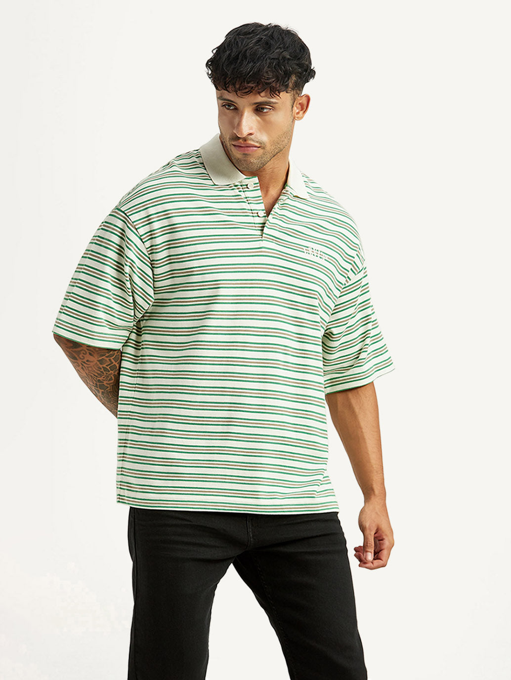 Men's Striped Light Green Loose Fit Polo T-shirt