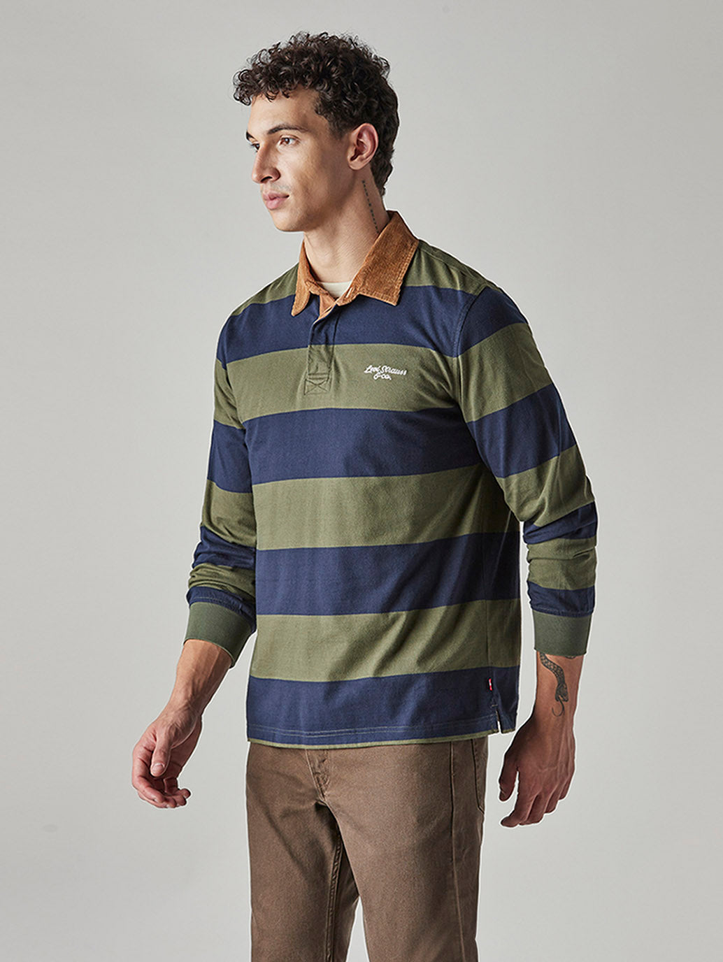 Men's Striped Loose Fit Jersey Polo T shirt - Side View