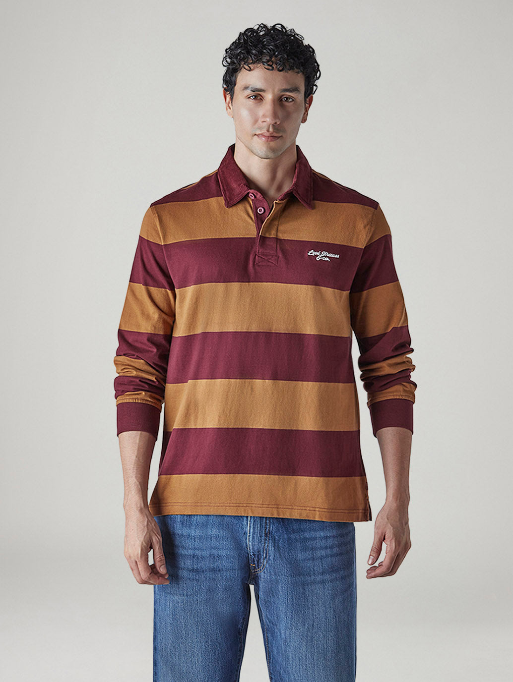 Men's Striped Loose Fit Jersey Polo T-shirt - Front View