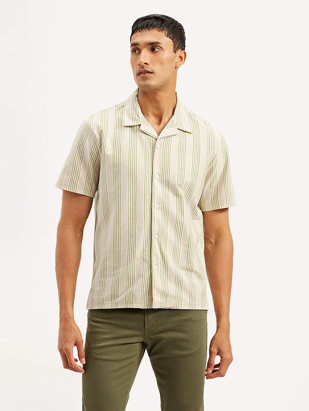Men's Resort Collar Striped Relaxed Fit Camp Shirt - Front View