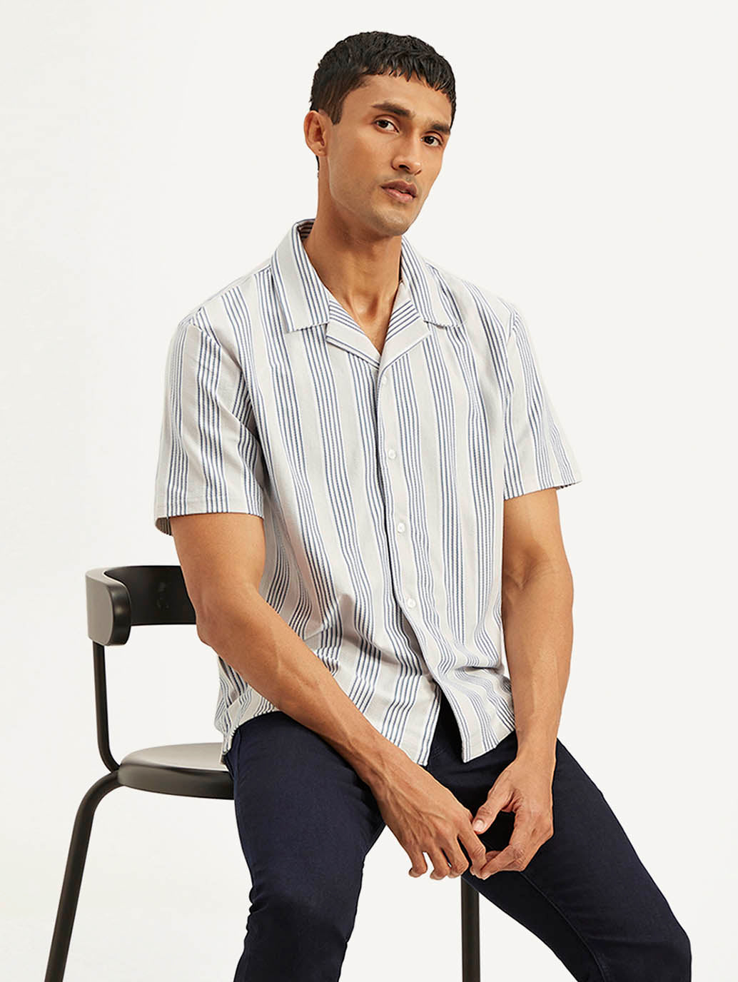 Men's Resort Collar Striped Relaxed Fit Camp Shirt - Styleshot View