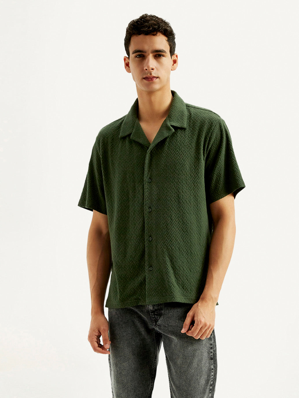 Men's Textured Relaxed Fit Resort Collar Shirt - Styleshot View