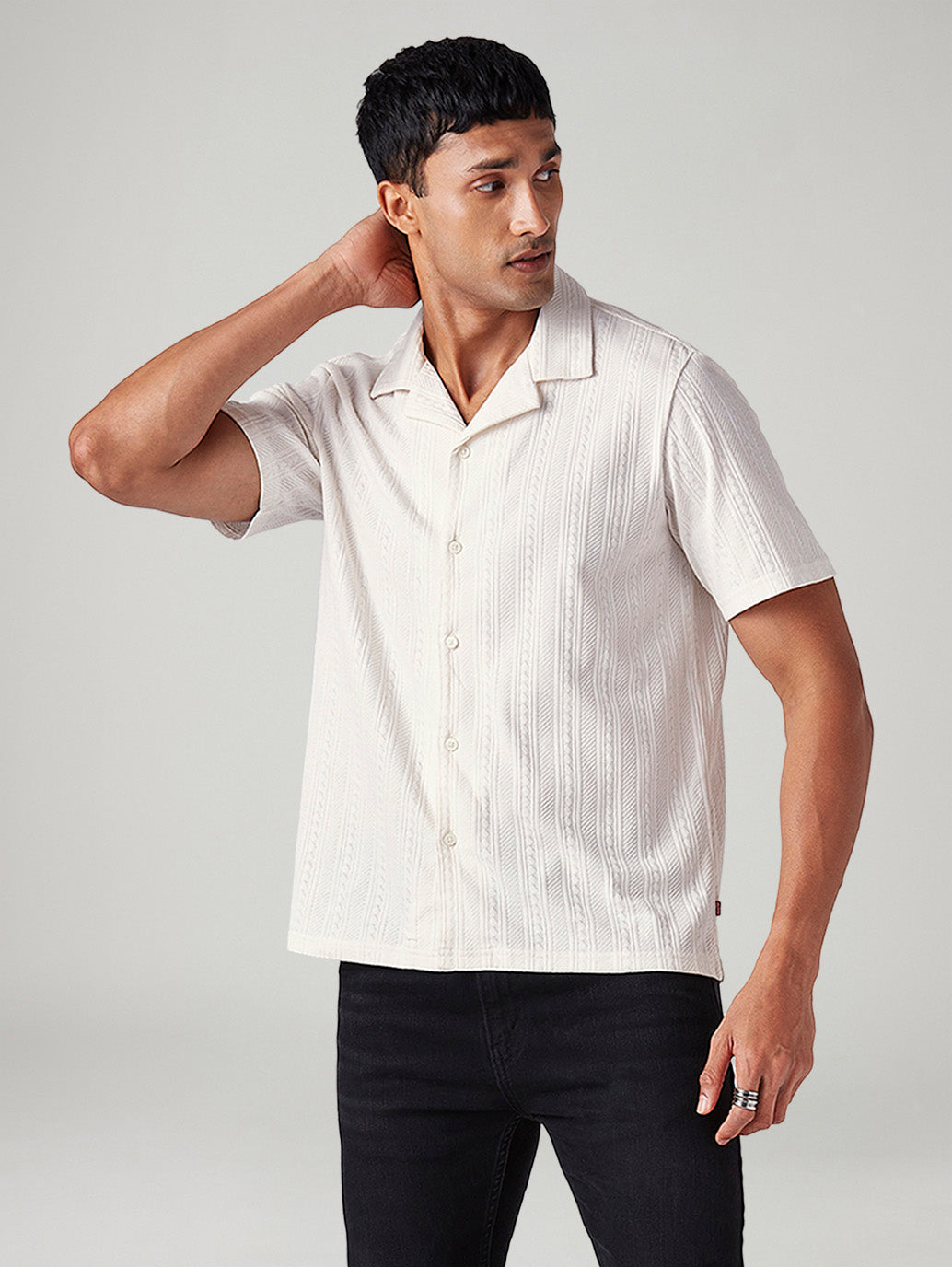 Men's Off White Relaxed Fit Resort Collar Camp Shirt