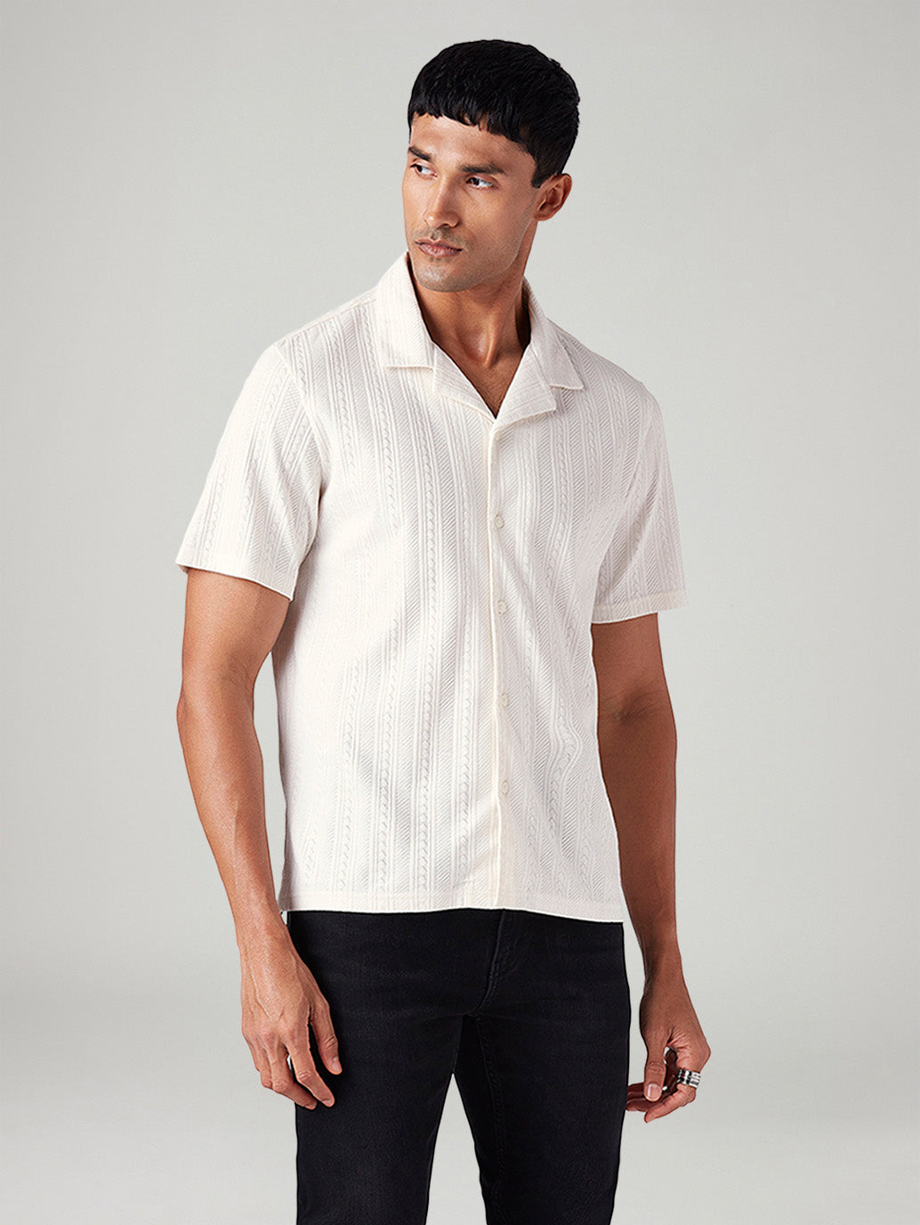 Men's Off White Relaxed Fit Resort Collar Camp Shirt - Front View
