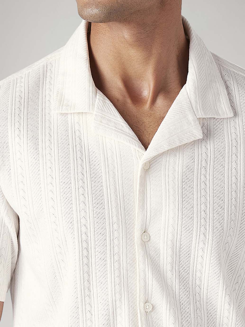 Men's Off White Relaxed Fit Resort Collar Camp Shirt - Detail View