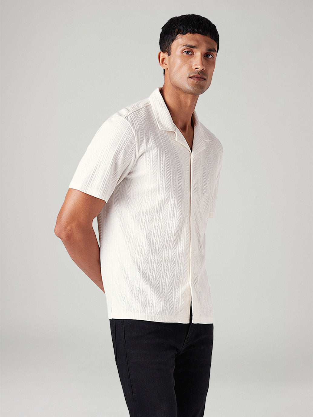 Men's Off White Relaxed Fit Resort Collar Camp Shirt - Side View