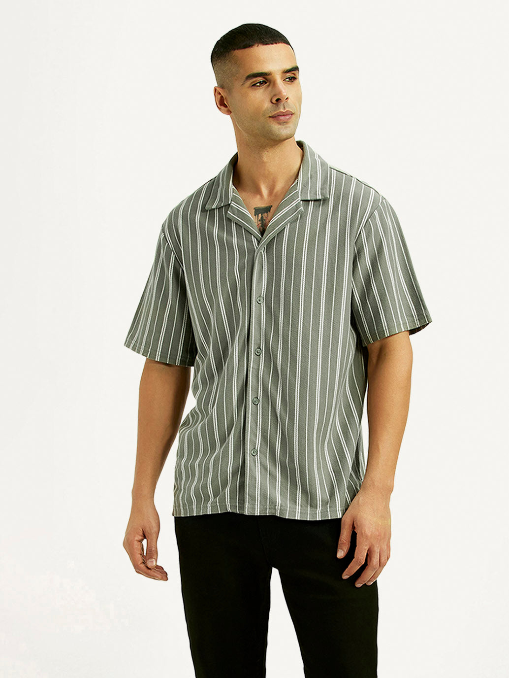 Men's Striped Olive Relaxed Fit Camp Shirt