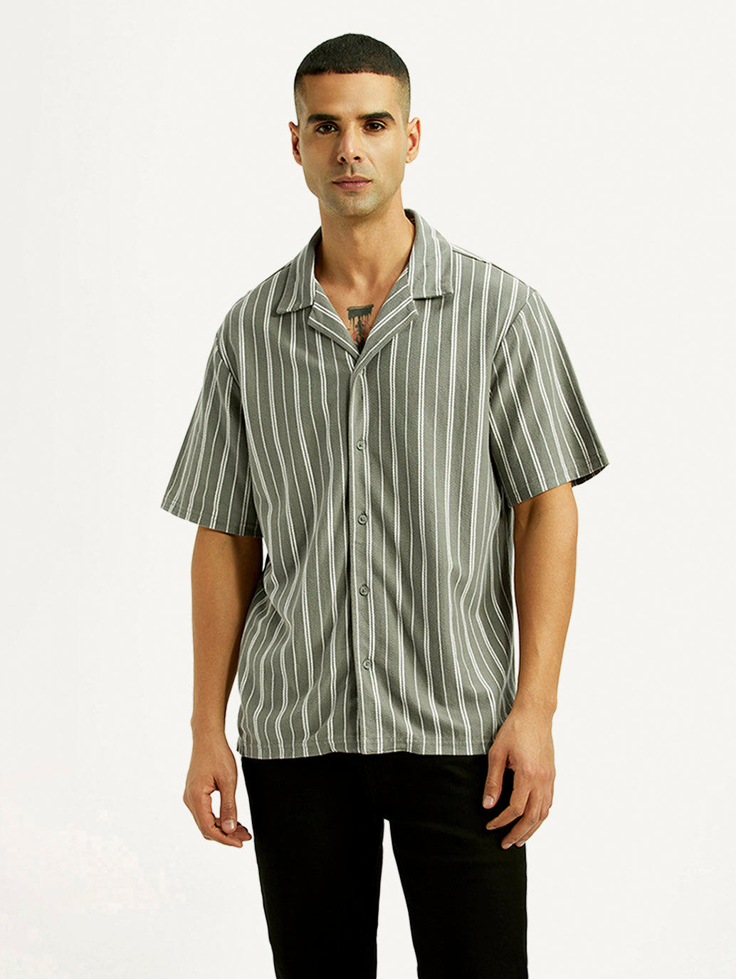 Men's Striped Olive Relaxed Fit Camp Shirt - Front View