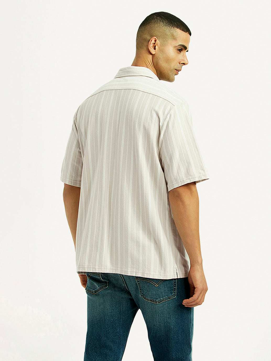 Men's Striped Off White Relaxed Fit Camp Shirt - Back View