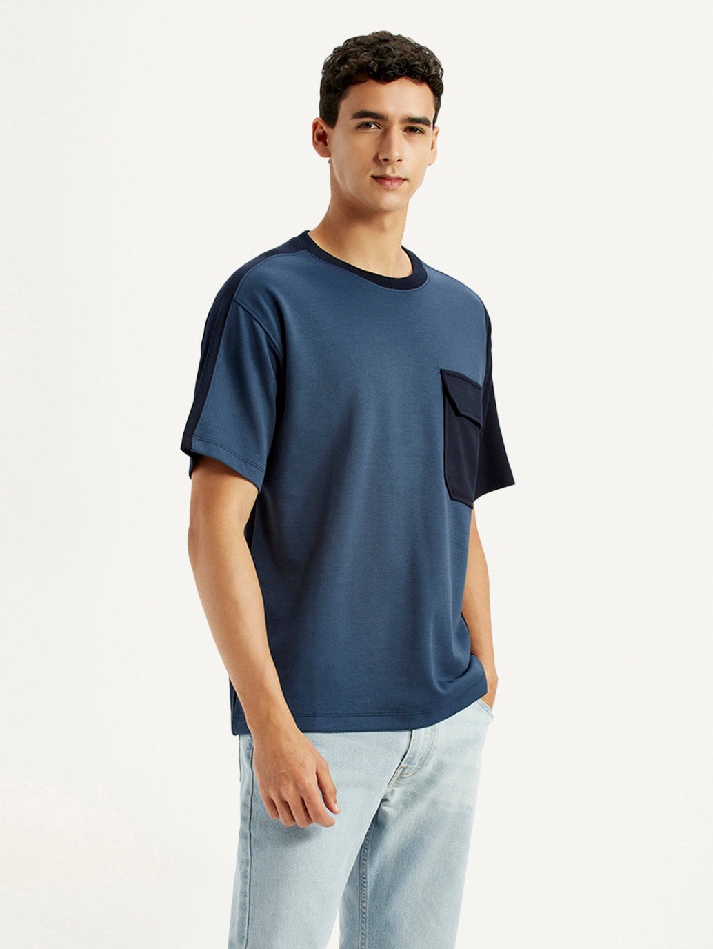 Men's Colorblock Blue Crew Neck T-shirt - Side View