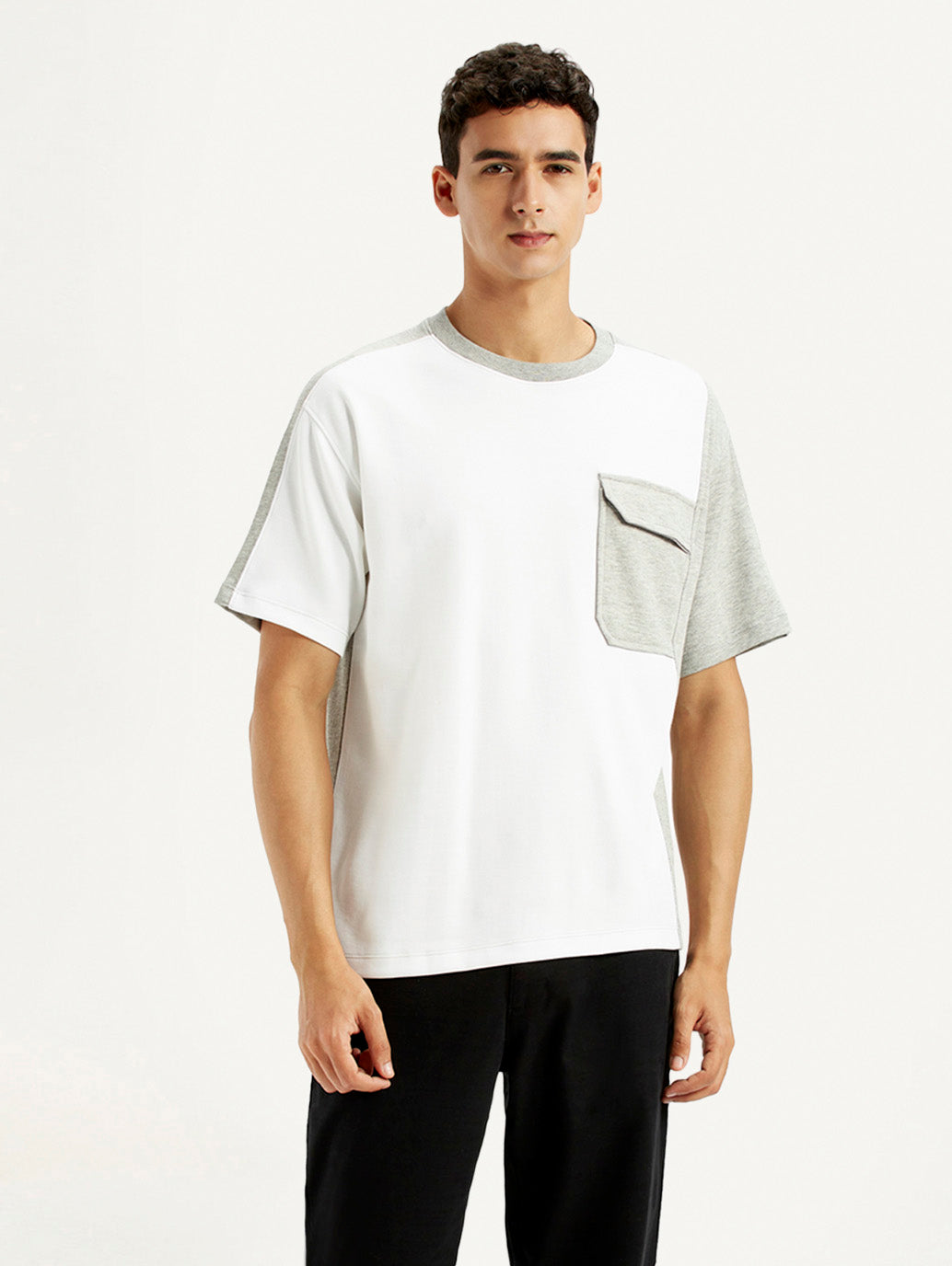 Men's Colorblock White Crew Neck T-shirt - Front View