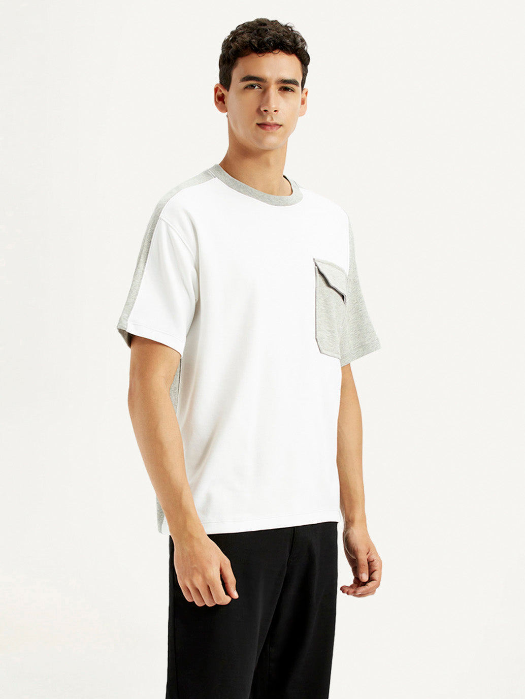Men's Colorblock White Crew Neck T-shirt - Side View