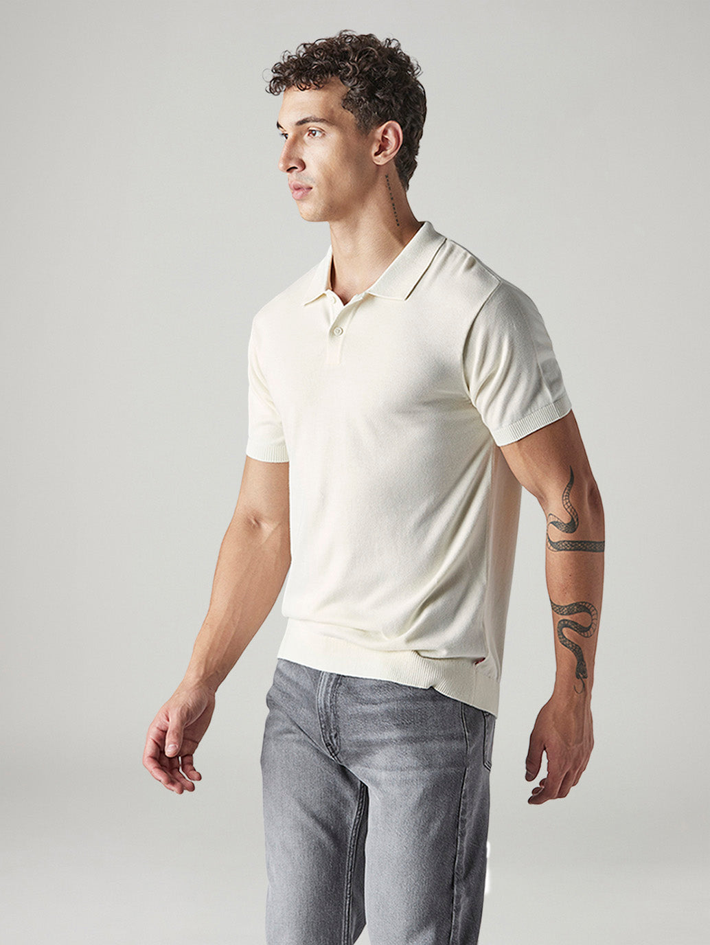 Men's Solid Off White Pique Polo T shirt - Side View
