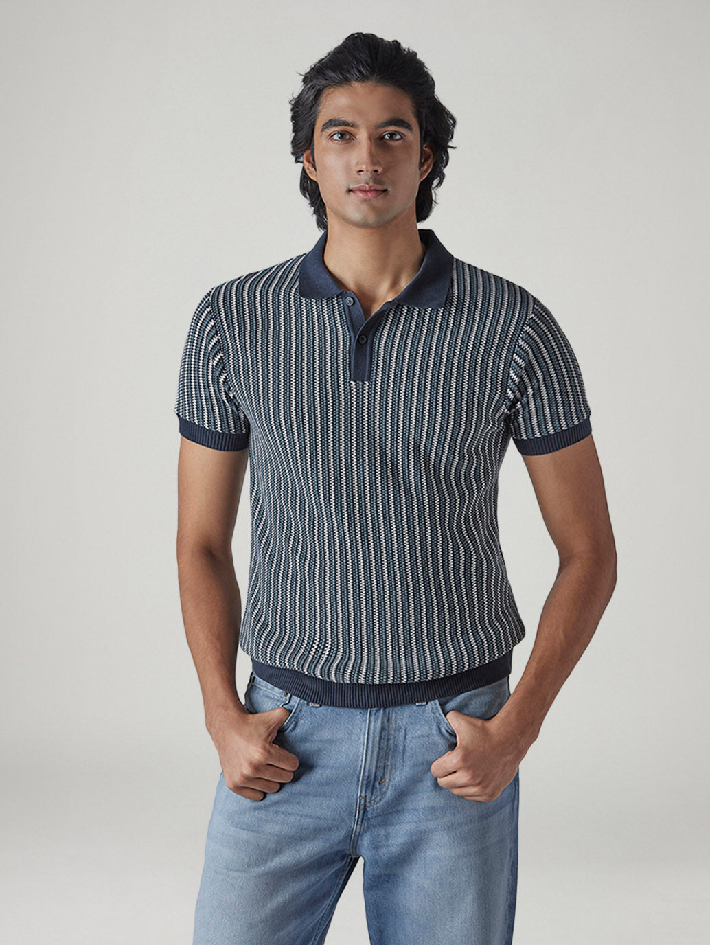 Men's Striped Navy Polo T-shirt - Front View