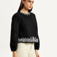 Women's Embroidered Black Round Neck Top - Side View