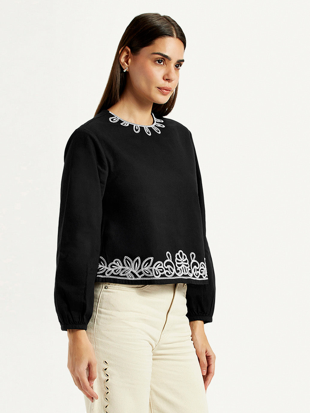 Women's Embroidered Black Round Neck Top - Side View