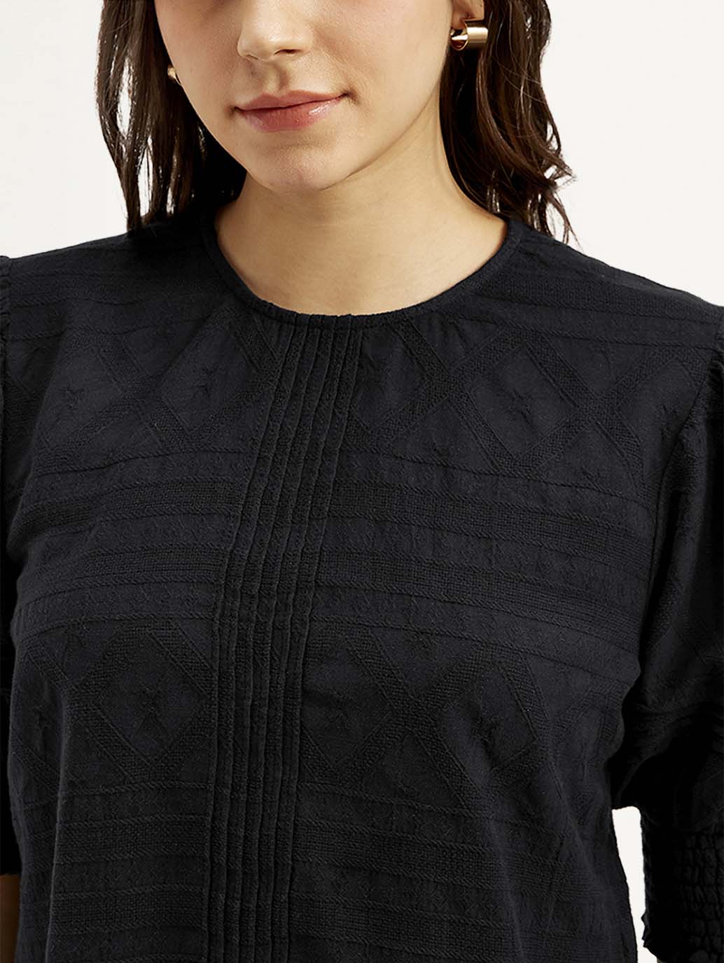 Women's Textured Black Round Neck Top - Detail View