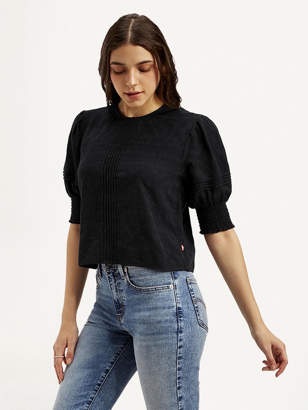 Women's Textured Black Round Neck Top - Side View