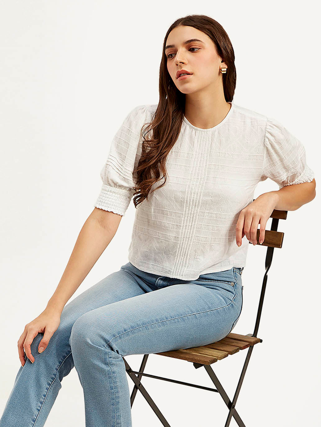 Women's Textured Black Round Neck Top - Styleshot View