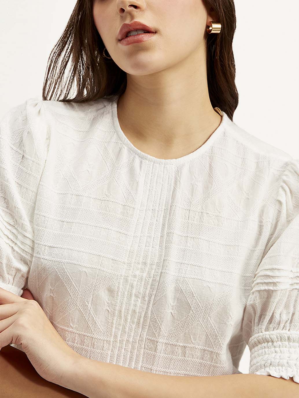 Women's Textured Black Round Neck Top - Detail View