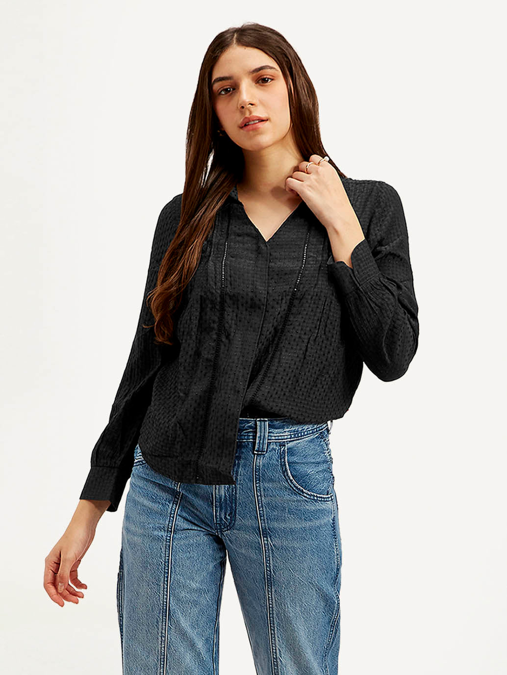 Women's Textured Spread Collar Shirt - Styleshot View