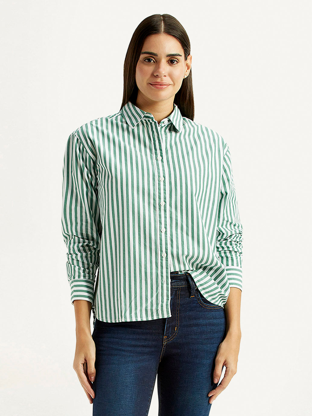 Women's Striped Green Relaxed Fit Poplin Shirt