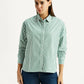 Women's Striped Green Relaxed Fit Poplin Shirt - Front View