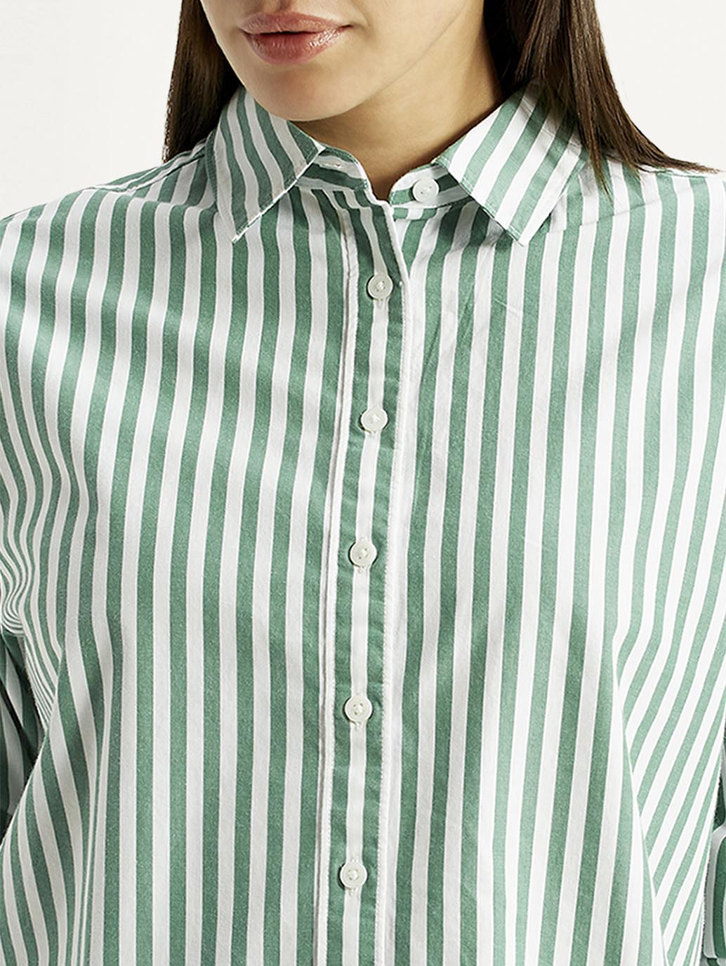 Women's Striped Green Relaxed Fit Poplin Shirt - Detail View