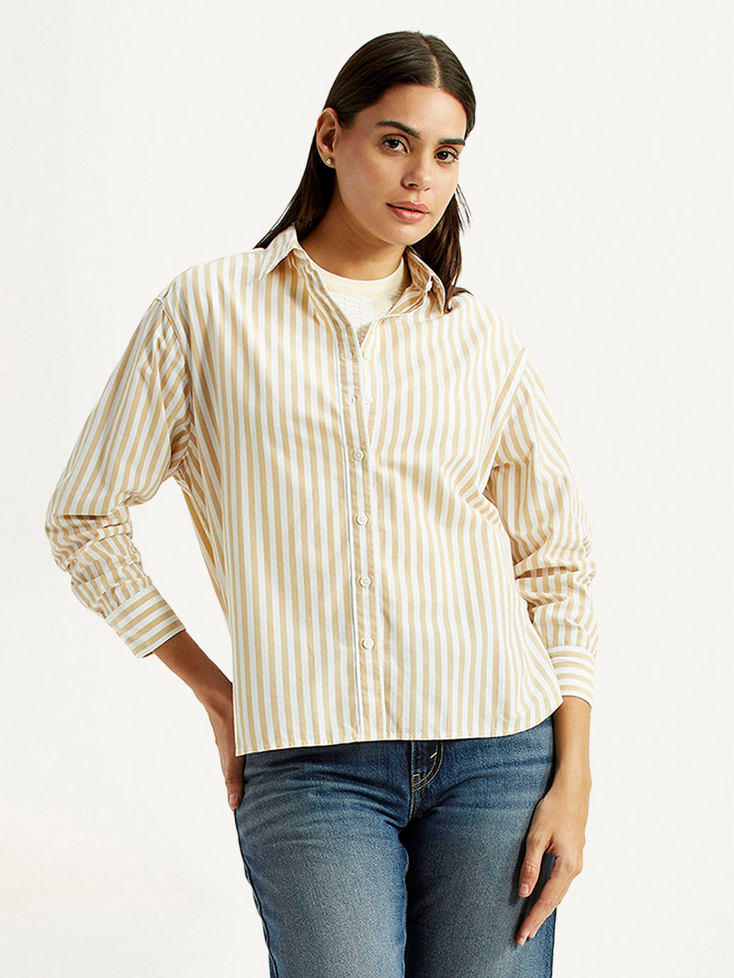 Women's Striped Beige Relaxed Fit Poplin Shirt - Styleshot View
