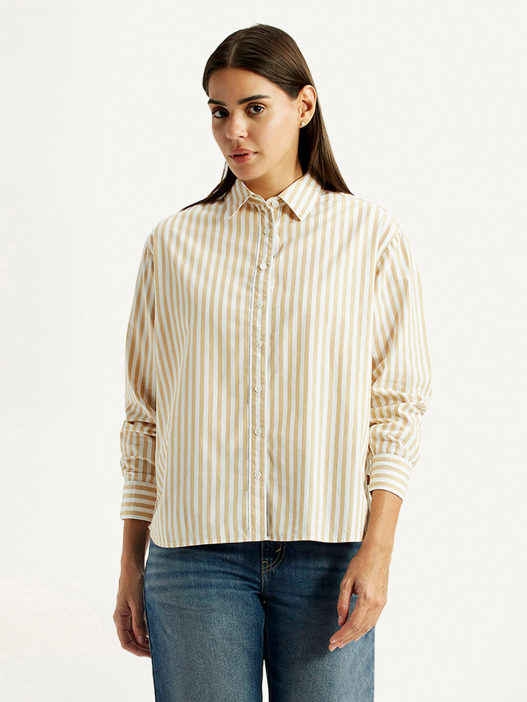 Women's Striped Beige Relaxed Fit Poplin Shirt - Front View