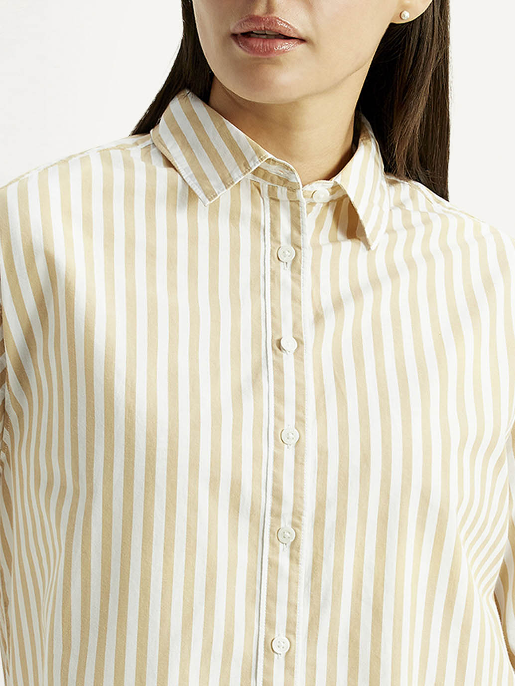 Women's Striped Beige Relaxed Fit Poplin Shirt - Detail View