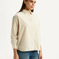 Women's Striped Beige Relaxed Fit Poplin Shirt - Side View