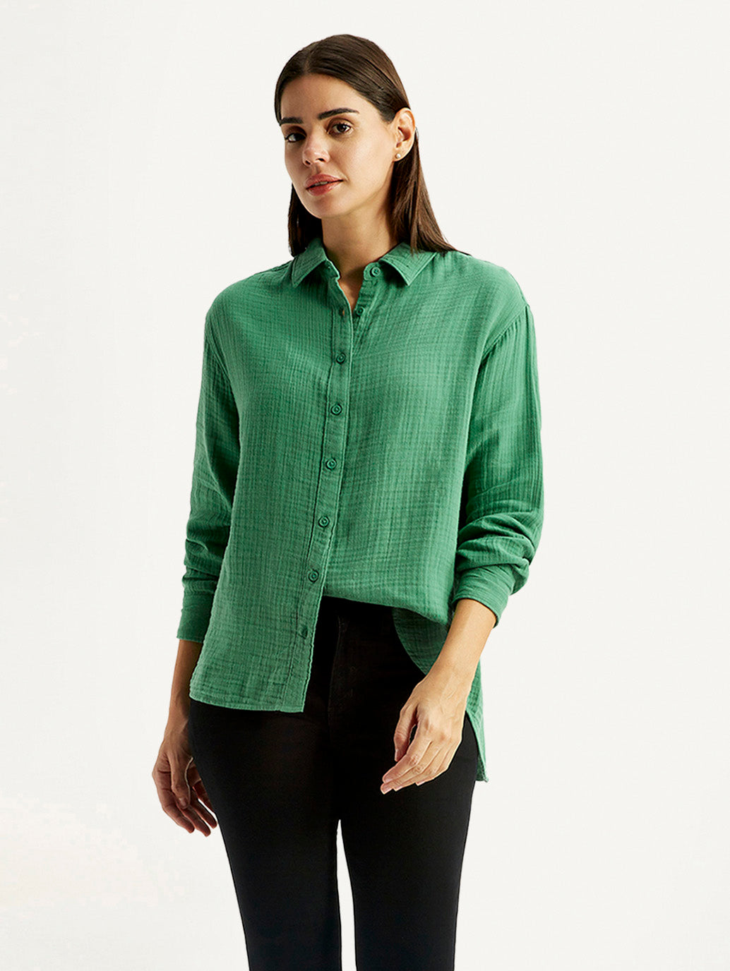 Women's Textured Green Relaxed Fit Shirt