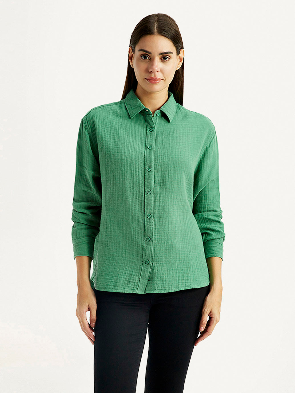 Women's Textured Green Relaxed Fit Shirt - Front View