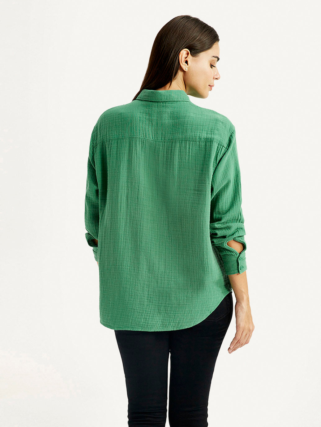 Women's Textured Green Relaxed Fit Shirt - Back View