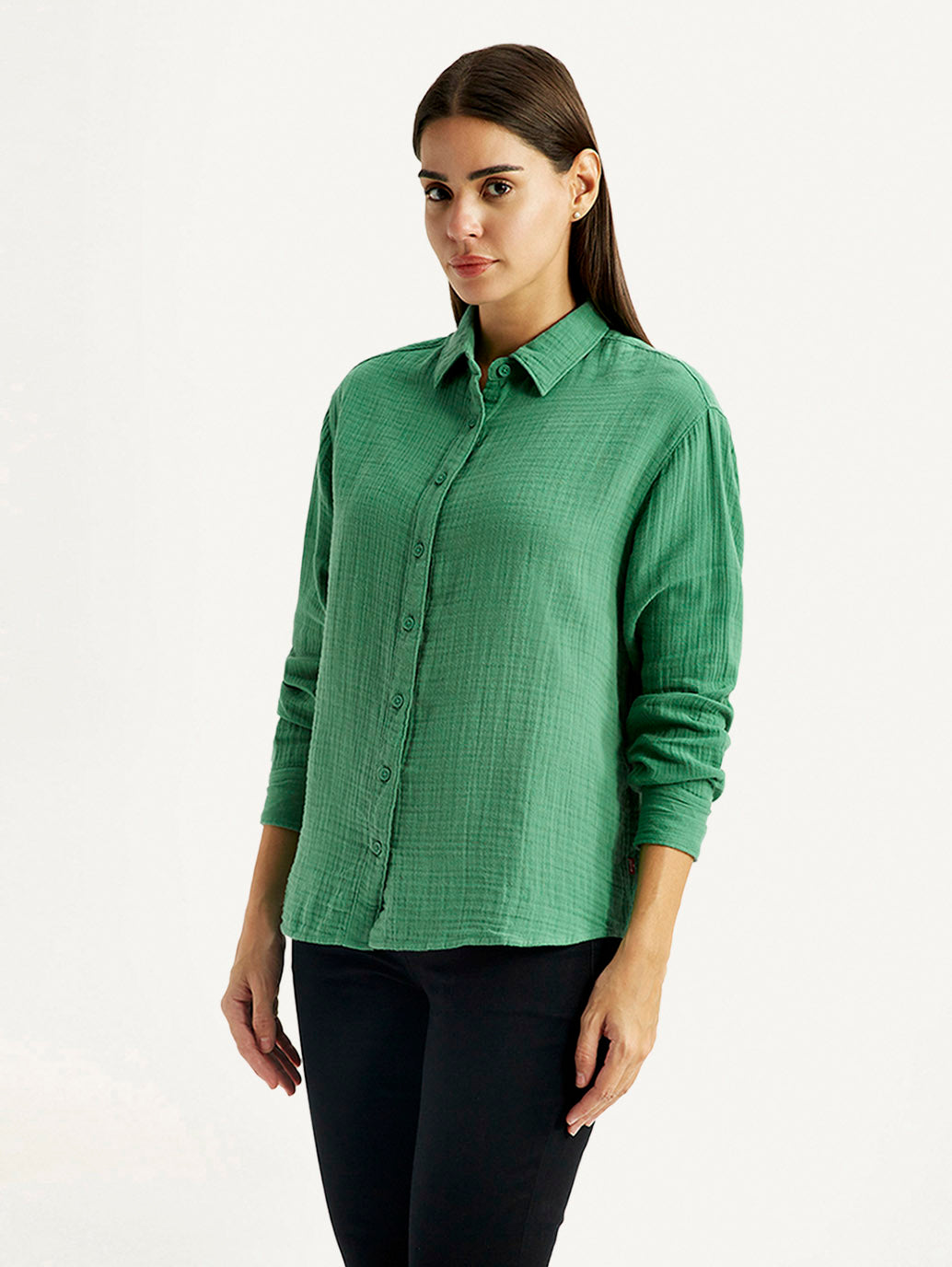 Women's Textured Green Relaxed Fit Shirt - Side View