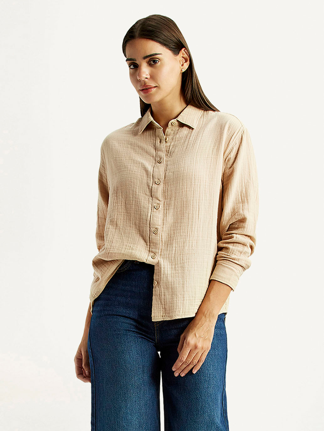 Women's Textured Beige Relaxed Fit Shirt - Styleshot View