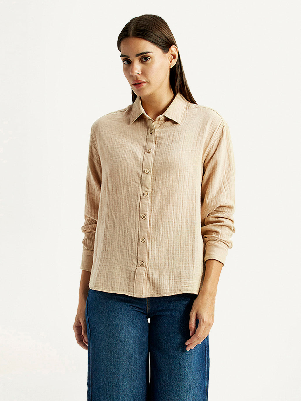 Women's Textured Beige Relaxed Fit Shirt - Front View