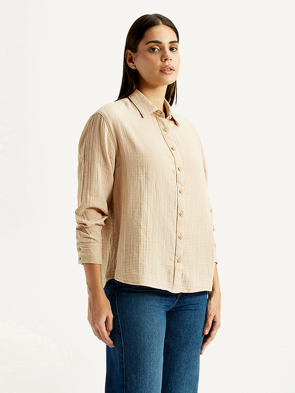 Women's Textured Beige Relaxed Fit Shirt - Side View