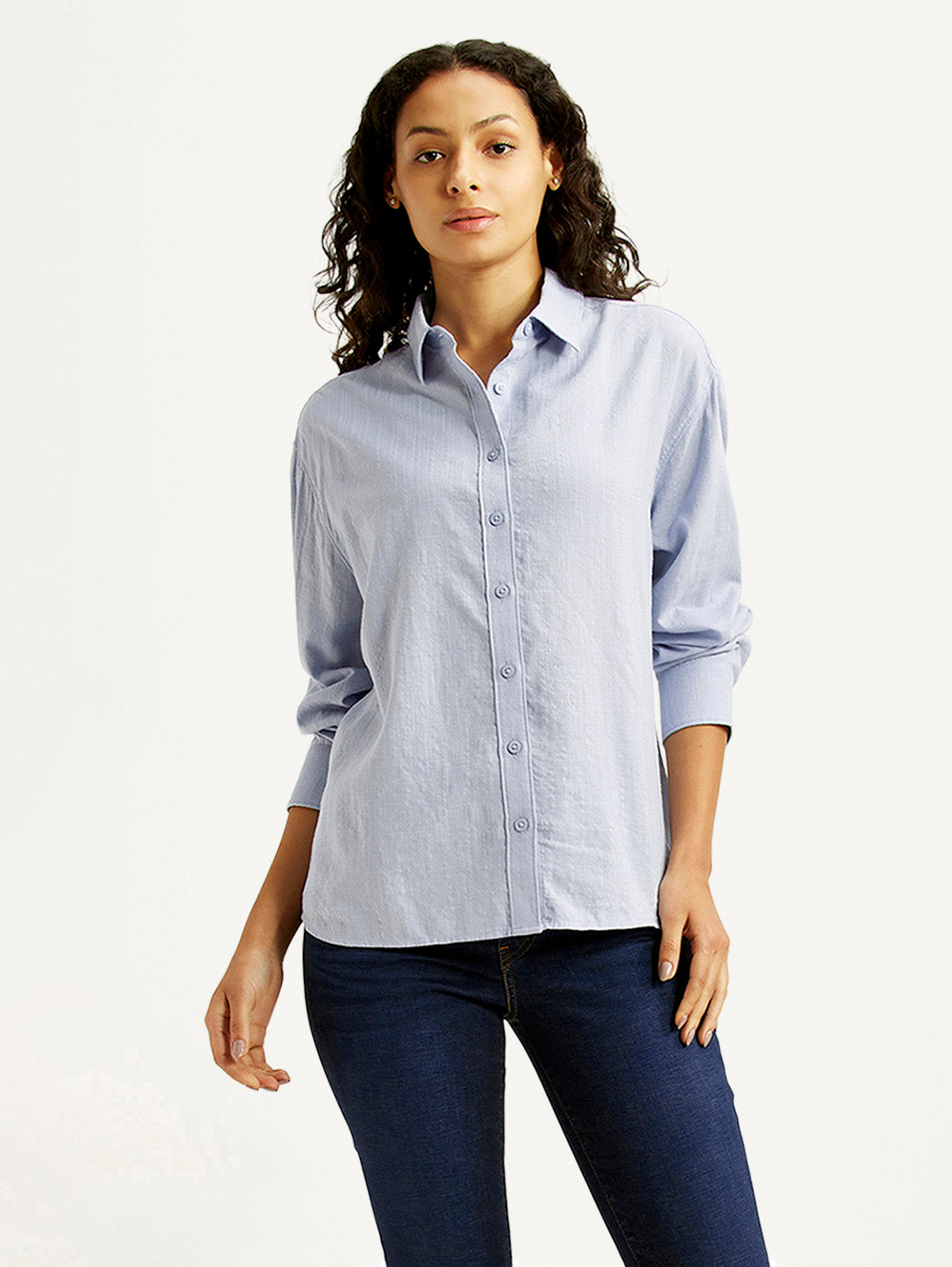 Women's Textured Light Blue Relaxed Fit Shirt - Styleshot View