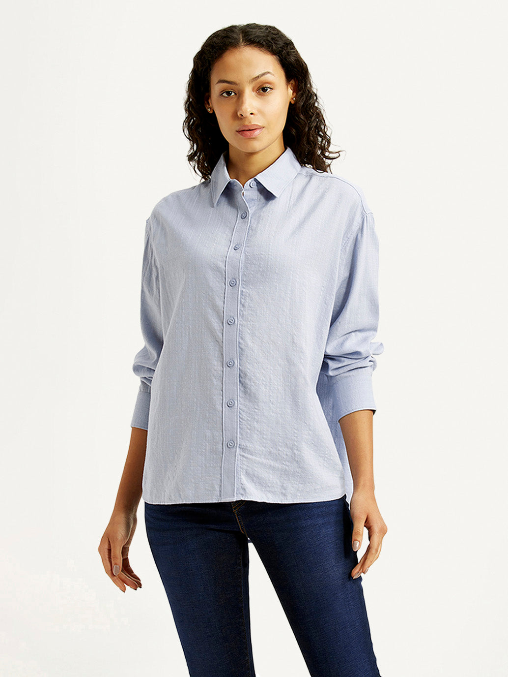 Women's Textured Light Blue Relaxed Fit Shirt - Front View